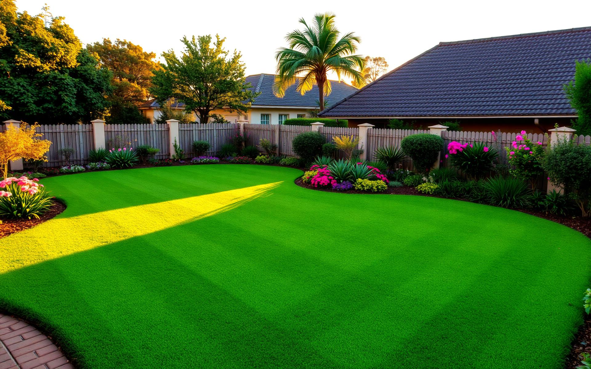 Beautifully landscaped garden at golden hour